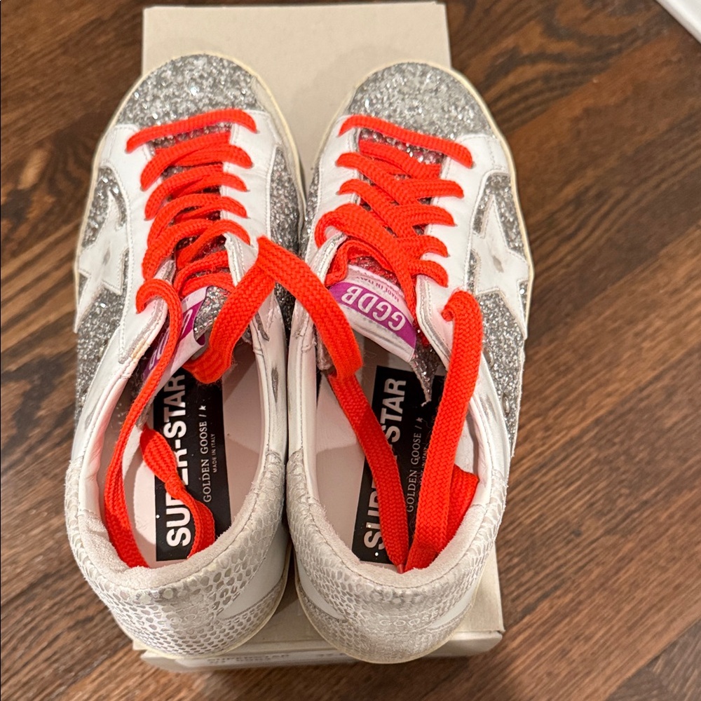 Golden Goose Silver Glitter Sneakers with Orange Laces - Picture 3 of 4